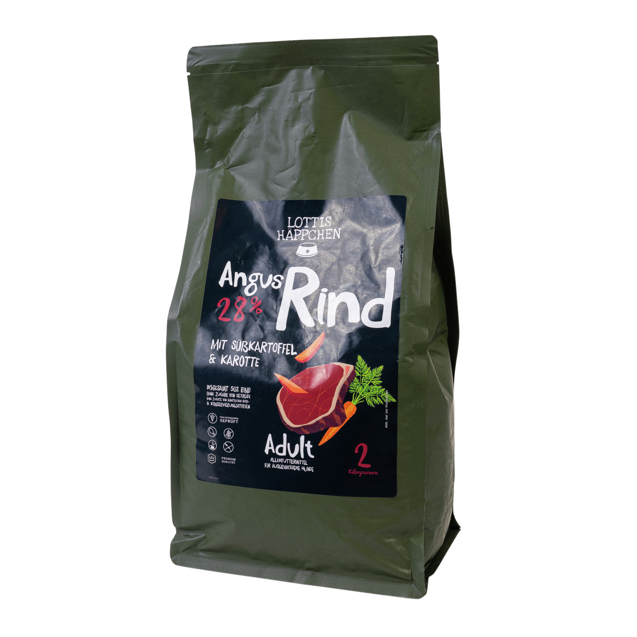 Lottis Häppchen Angus Rind, 2 kg, für ausgew. Hunde, Geschmack Angus-Rind, Süßkartoffel & Karotte, 28 % Rind, Alleinfutter, ohne Zusätze.