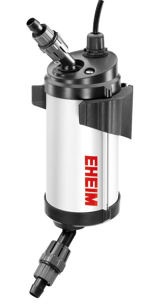 EHEIM reeflexUV 500, UV-Klärer für Aquarienbesitzer, reduziert Keime-Algensporen, kompaktes silbernes Gehäuse, rotes Logo.