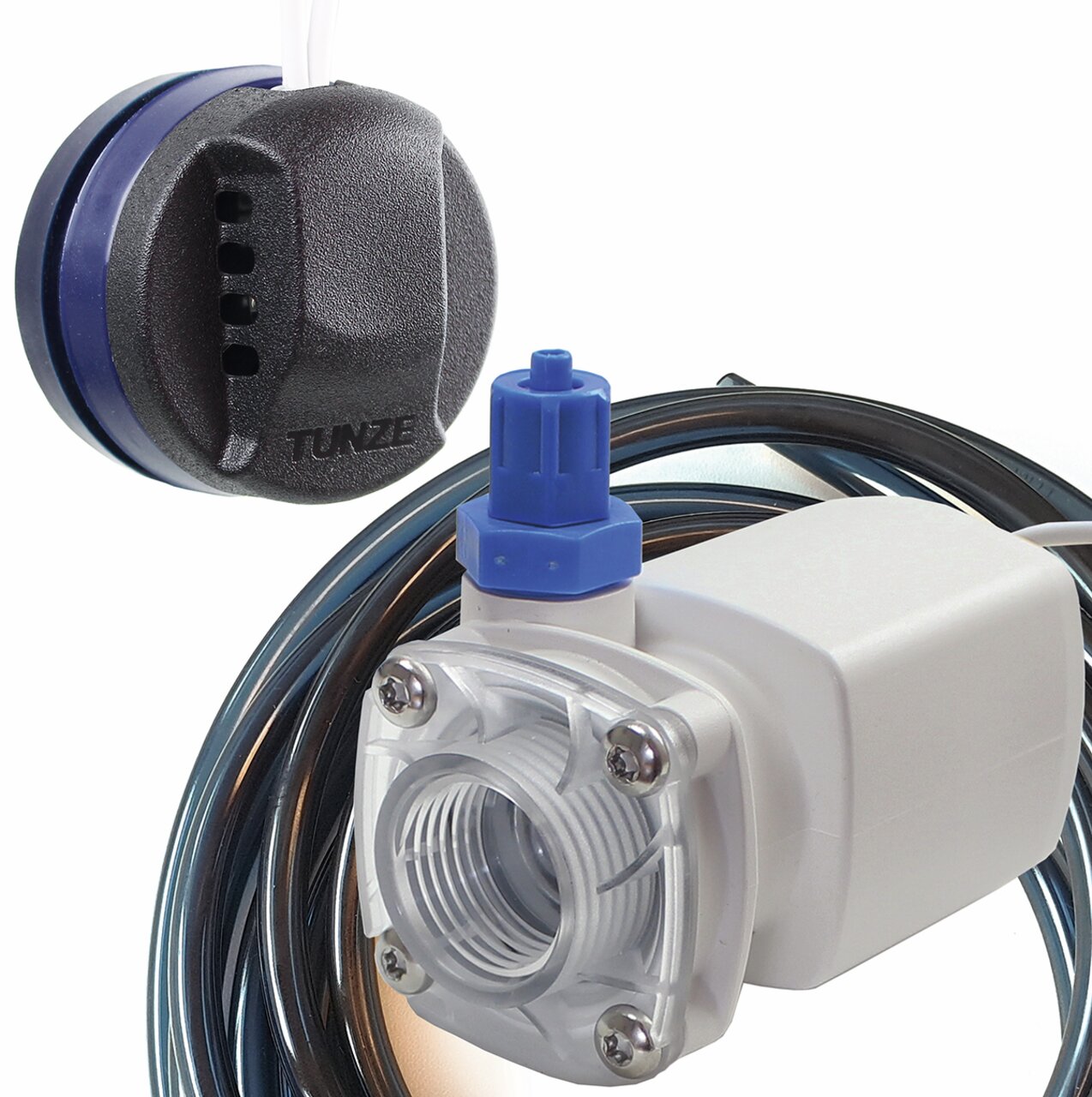 Wasserstandsensor Tunze mit Zubehör, geeignet für den Einsatz in Aquarien, inklusive Schlauch und kompakter Pumpeneinheit.