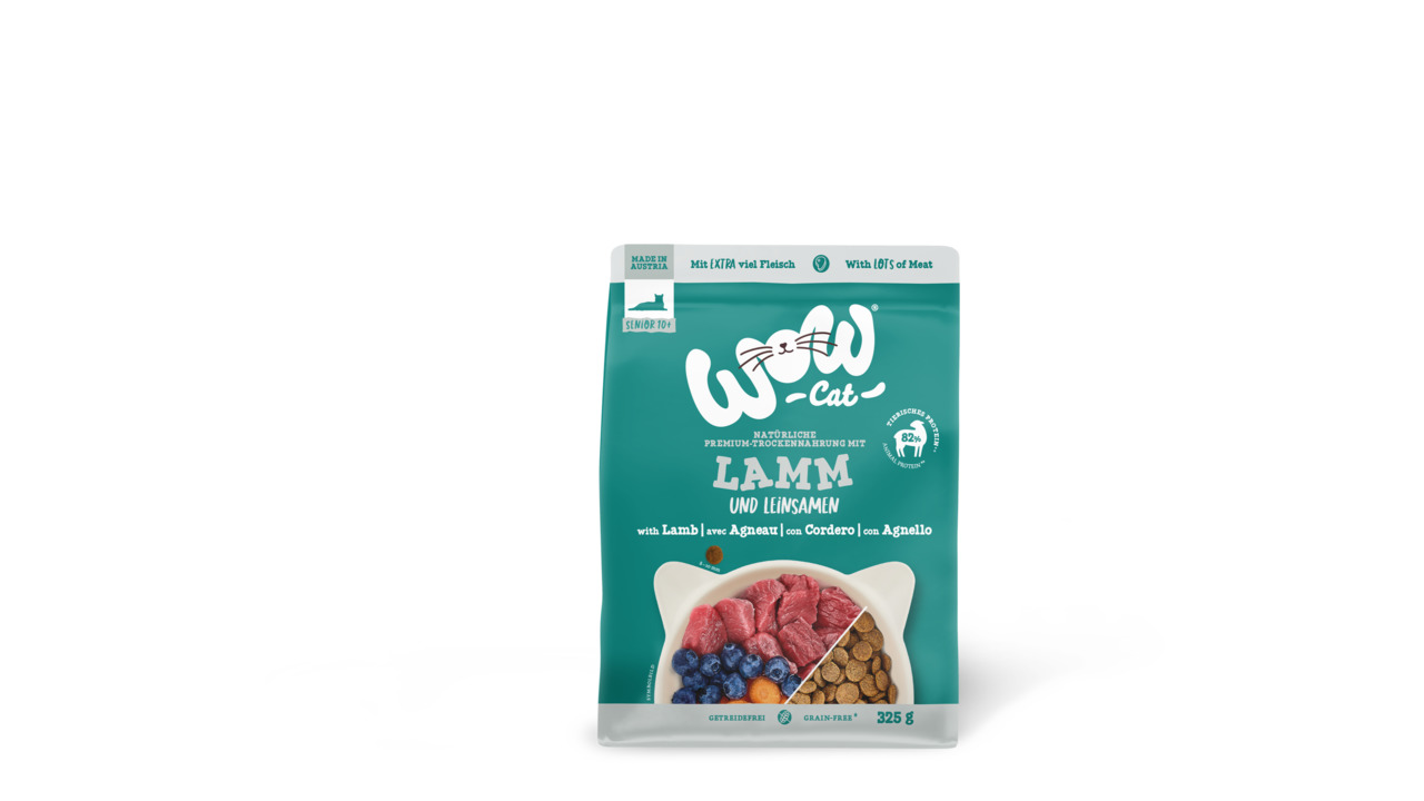 WOW CAT Premium-Trockenfutter, Katzen, Lamm & Leinsamen, getreidefrei, extra viel Fleisch, 325 g.