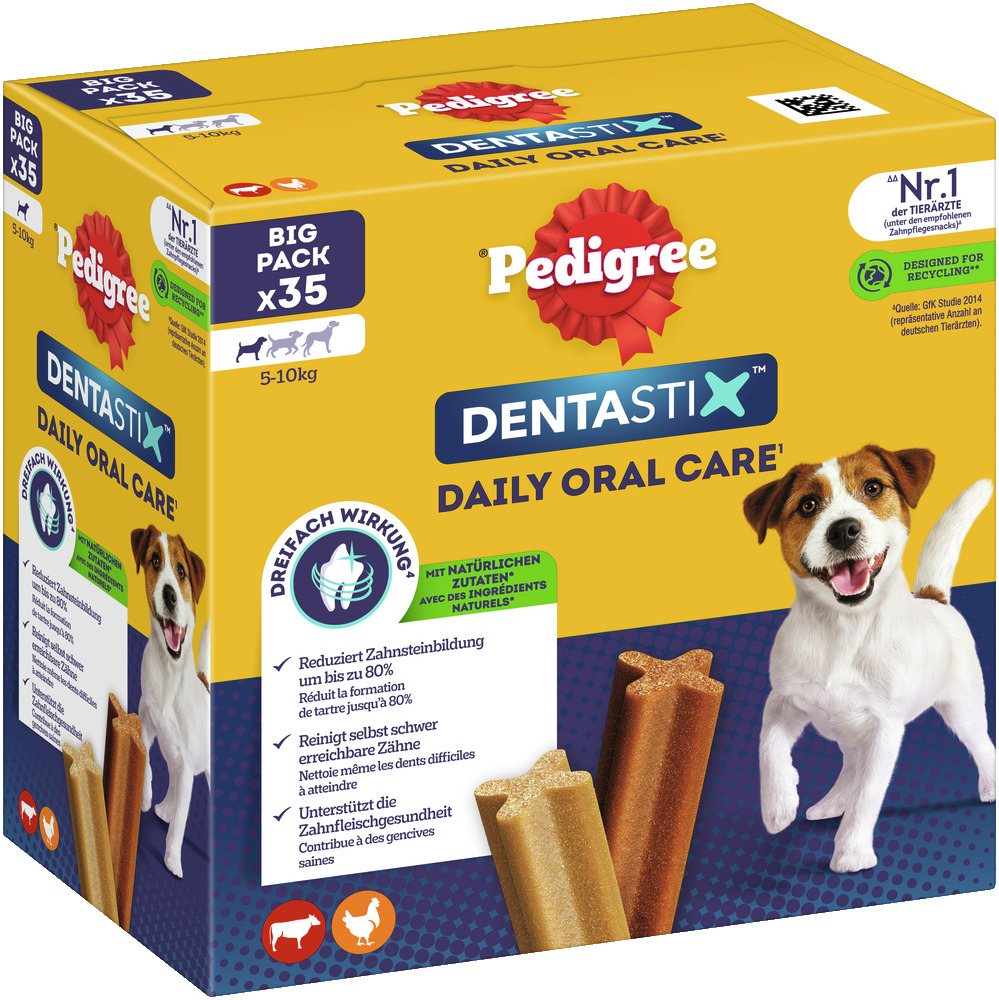 Pedigree Dentastix Daily Oral Care, Zahnpflege f. Hunde (5-10 kg), Huhn, 35 Stk., 3-fach Wirkung: Zahnstein -80 %, Zähne+Zahnfleisch.