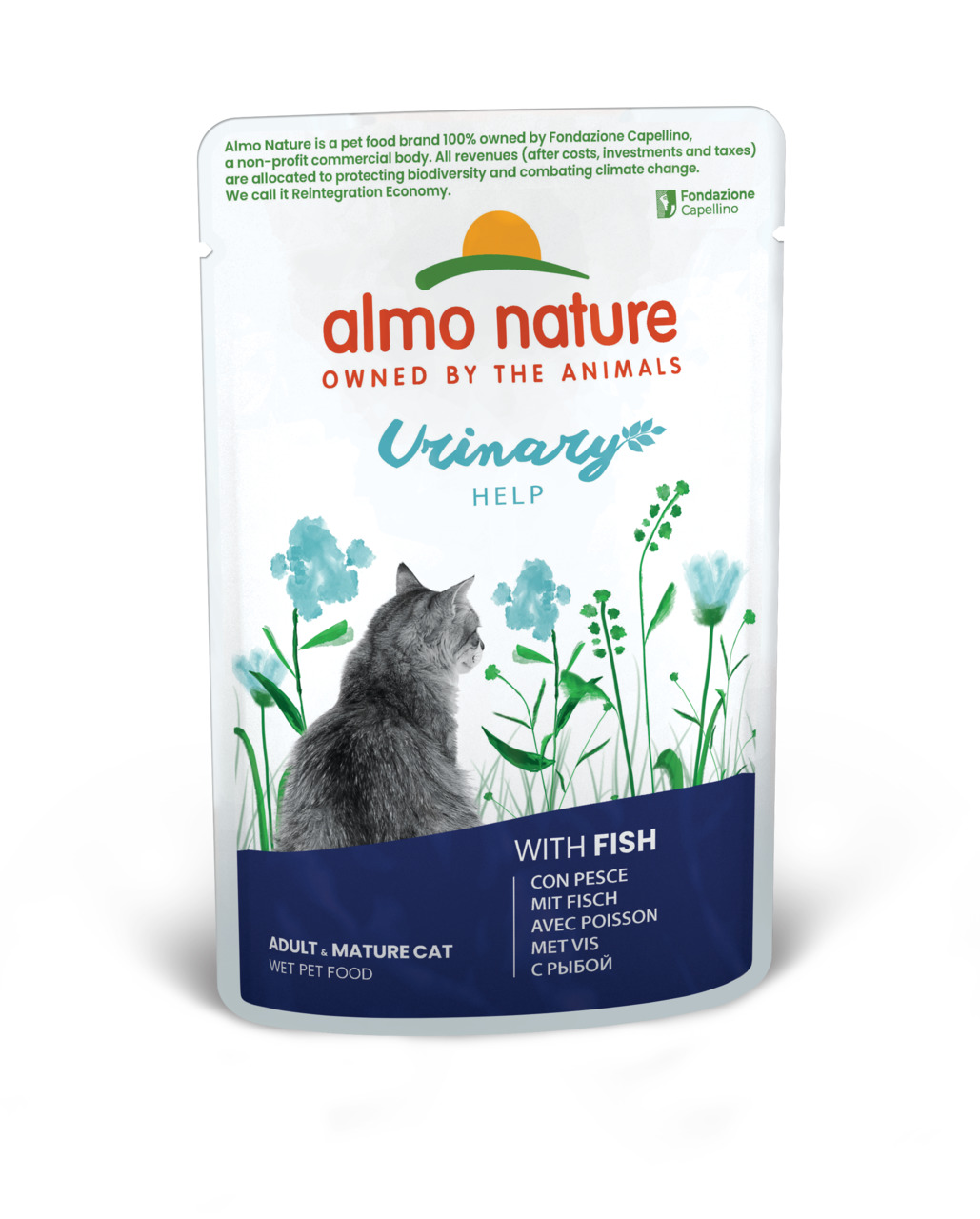 Almo Nature Urinary Help Nassfutter, Fisch, für ausgewachsene/ältere Katzen, 85g, stilisiertes Katzendesign mit floralen Elementen.