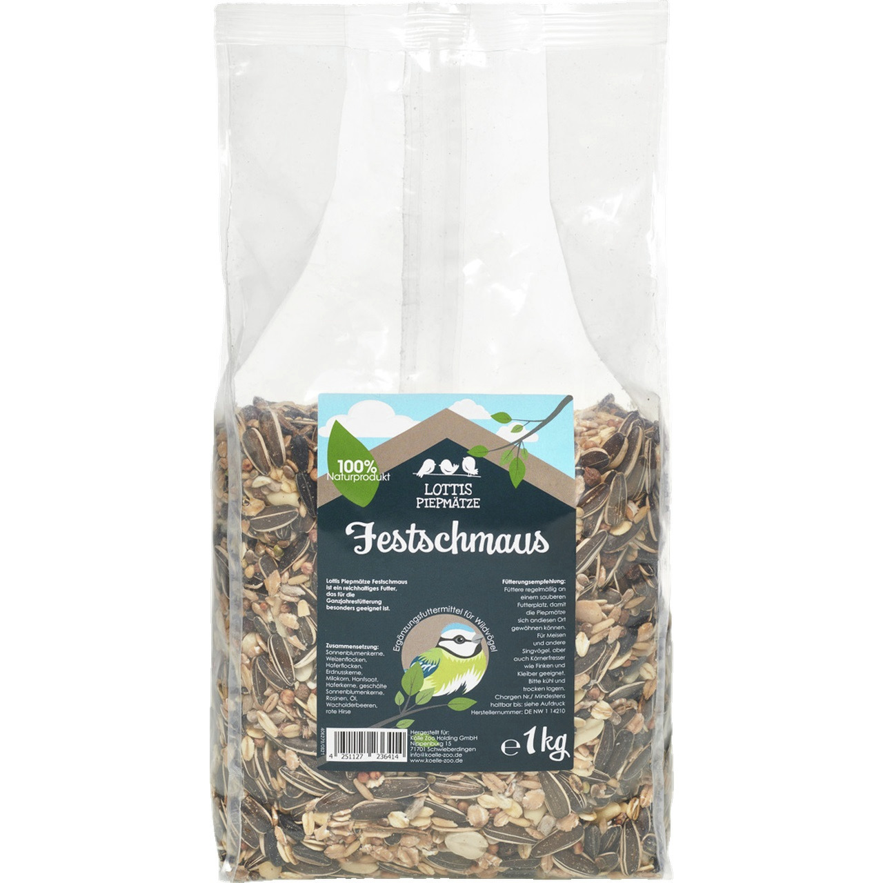 Lottis Piepmätze Festschmaus, 1 kg, Ergänzungsfutter f. Wildvögel, 100% nat., mit Sonnenblumenkernen, Nüssen & Samen, artgerecht.