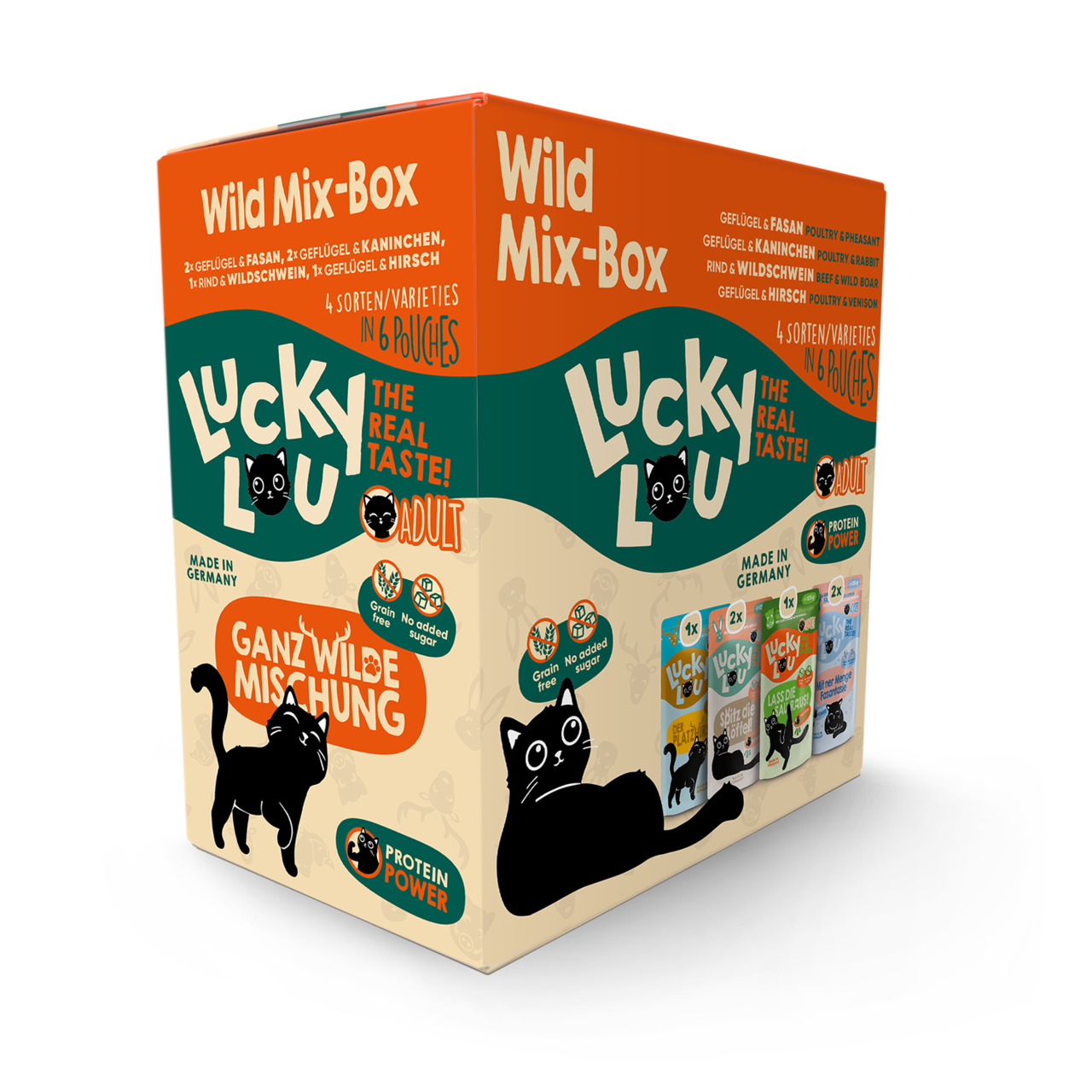 Lucky Lou Wild Mix-Box: Katzenfutter f. erw. Katzen, 6 Beutel (4 Sorten: Geflügel-Fasan, Kaninchen, Rind-Wildschwein, Hirsch), Grain Free.