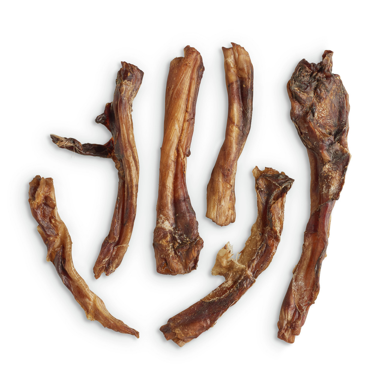Das Bild zeigt getrocknete Entenhälse der Marke Lottis Häppchen, ein natürlicher Kausnack für Hunde. Die Leckerei ist speziell für Hunde aller Größen geeignet und bietet eine proteinreiche, fettarme Belohnung. Die Packung enthält mehrere Stücke, ideal zur