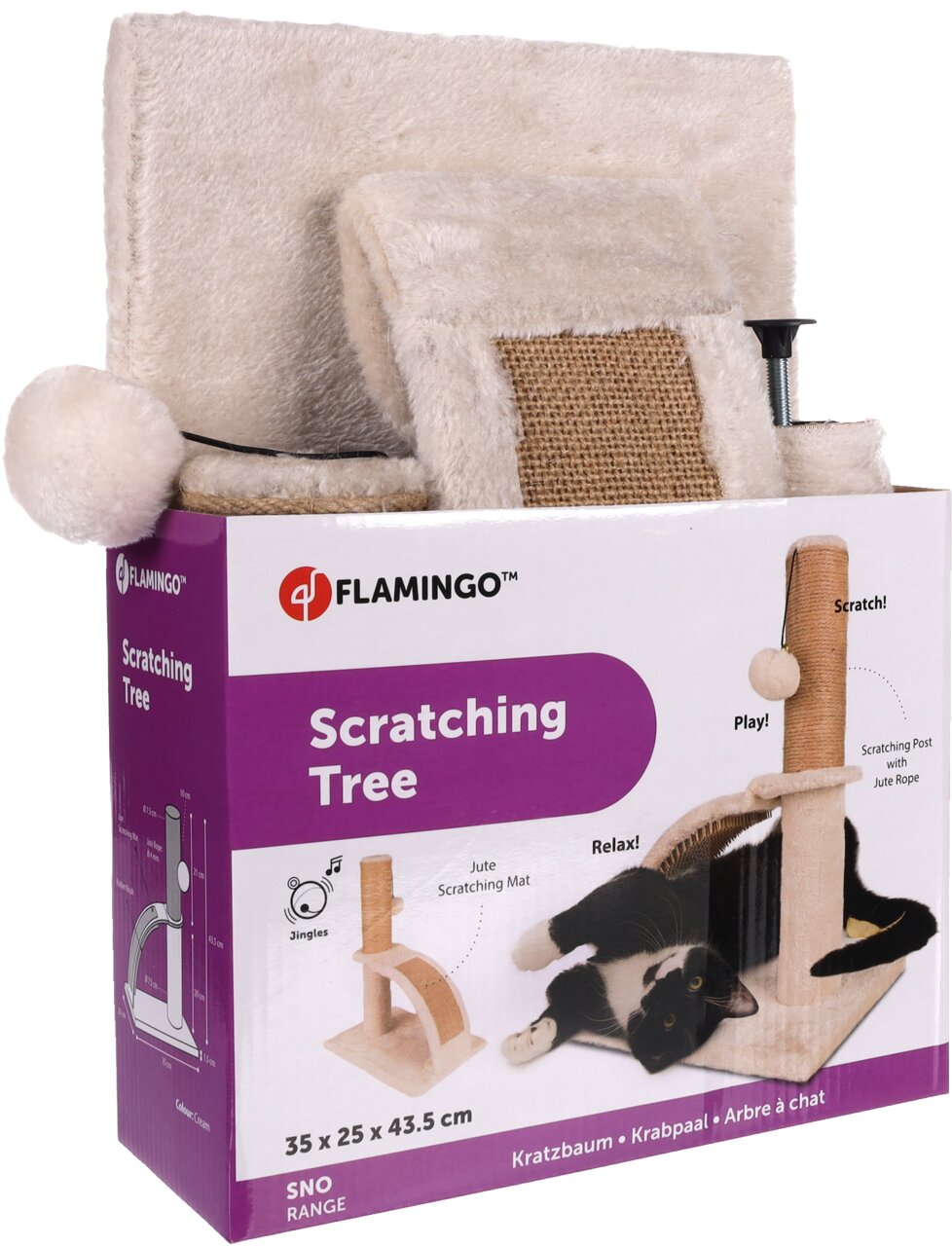 Flamingo Kratzbaum "Scratching Tree" für Katzen, beige, Jute-Kratzmatte, Juteseil-Stamm, Spielball, 35x25x43,5 cm, ideal zum Spielen.