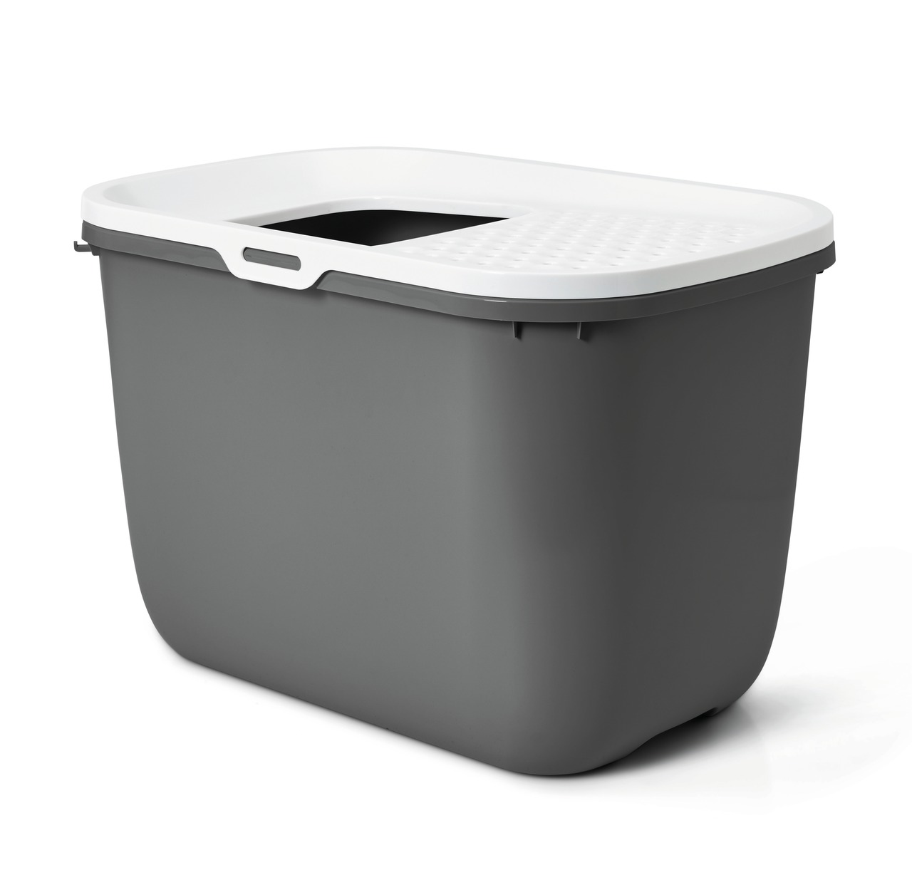 Das Bild zeigt die Katzentoilette „Hop In“ der Marke SAVIC, geeignet für Katzen aller Größen. Die graue Box mit weißem Deckel verfügt über einen Einstieg von oben, der Streuverlust minimiert. Ideal für Haushalte mit mehreren Katzen. Maße und Details sind 