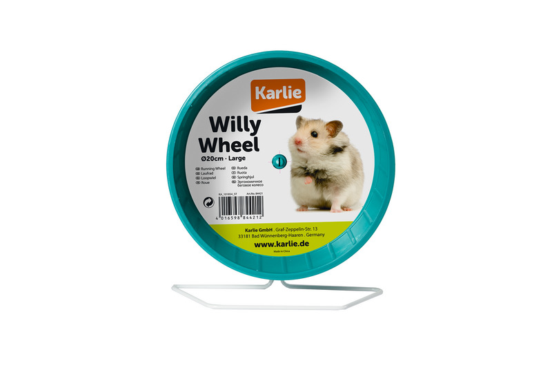 Karlie Willy Wheel, Large, Ø 20 cm, türkis, Laufrad für Hamster & Kleintiere, weißes Metallgestell, Hamster auf Verpackung.