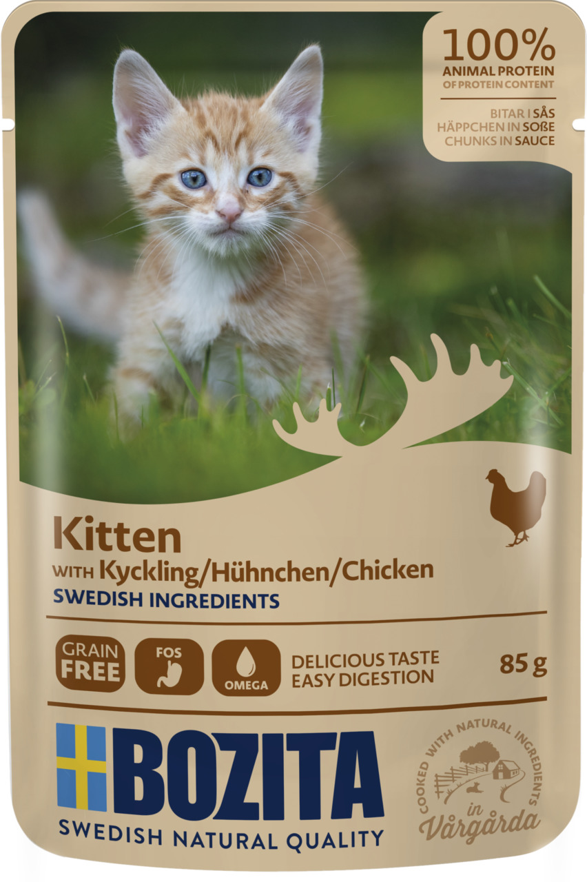 Bozita Kitten Katzenfutter, Huhn, für Kätzchen, 85 g, schwed. Zutaten, getreidefrei, leicht verdaulich, 100 % tierisches Protein, FOS, Omega.