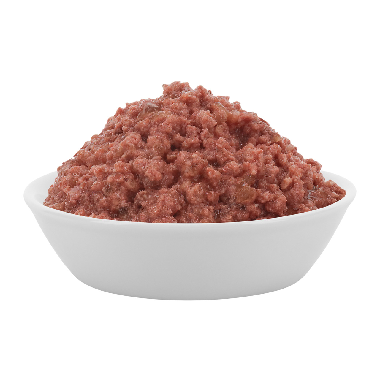 Das Bild zeigt eine weiße Schale, die mit einer Portion feuchtem, fleischigem Hundefutter gefüllt ist. Es handelt sich um das Produkt "Lucky Lou", ein hochwertiges Nassfutter für Hunde. Die Geschmacksrichtung ist Rind, und das Futter ist speziell für ausg