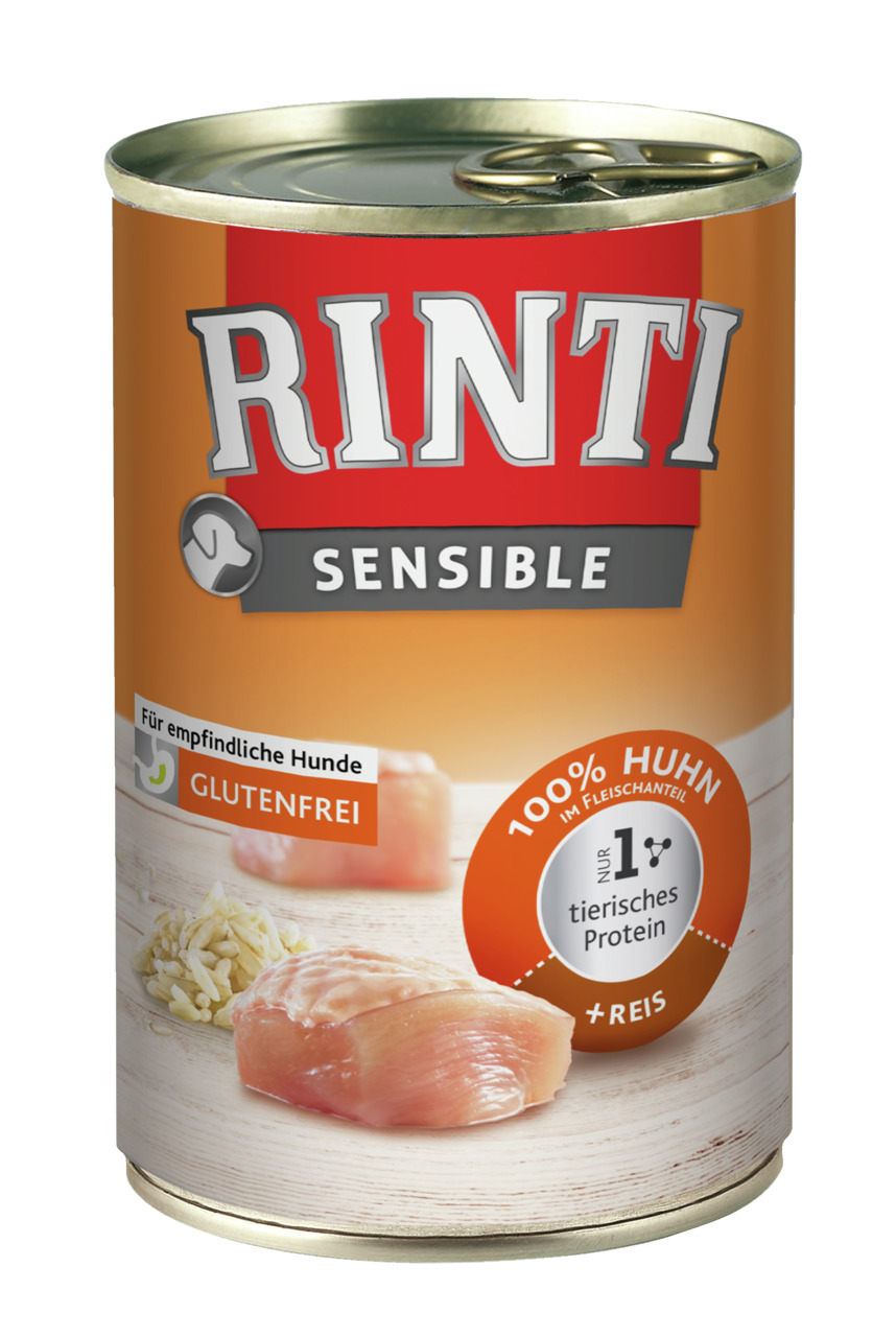 RINTI Sensible Hundefutter, glutenfrei, Huhn mit Reis, 100 % Huhn, nur tierisches Protein, für empfindl. Hunde, 400 g.