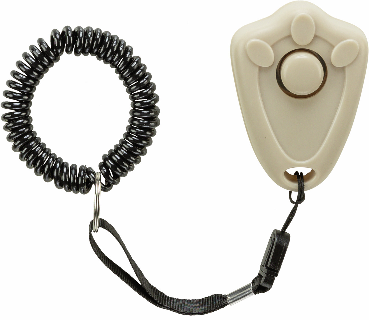 Das Bild zeigt den TRIXIE Clicker mit Spiralschlaufe, ein Trainingsgerät für Hunde. Der beige Clicker hat eine ergonomische Form mit einer Pfotenprägung und einem großen Knopf in der Mitte. Die schwarze Spiralschlaufe und das verstellbare Band ermöglichen