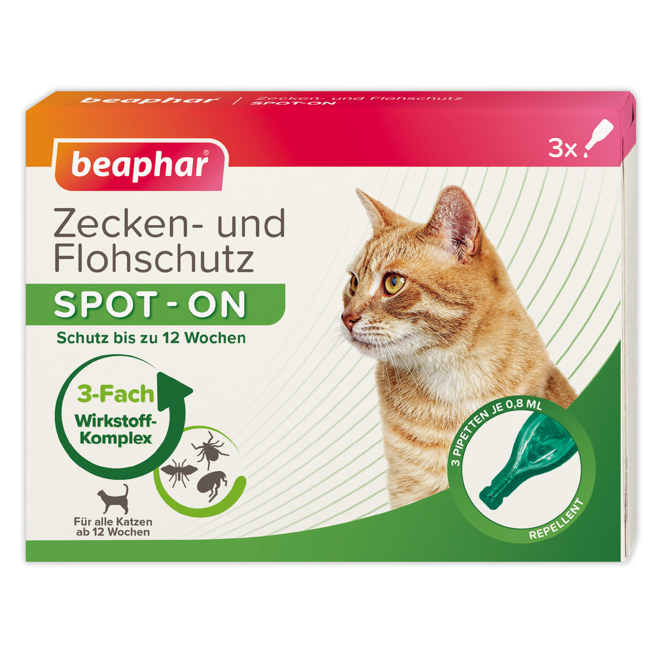 beaphar Zecken- u. Flohschutz Spot-On f. Katzen, Schutz bis 12 Wo., 3 Pipetten (0,8 ml), 3-fach Wirkstoff-Komplex, ab 12 Wo.