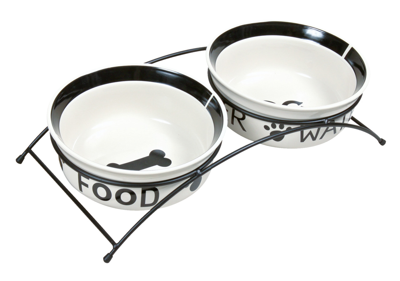 TRIXIE Keramiknäpfe, 2 Stk., weiß, für Hunde, mit Ständer, „FOOD“ & „WATER“-Design, stabil, stilvoll, leicht zu reinigen.