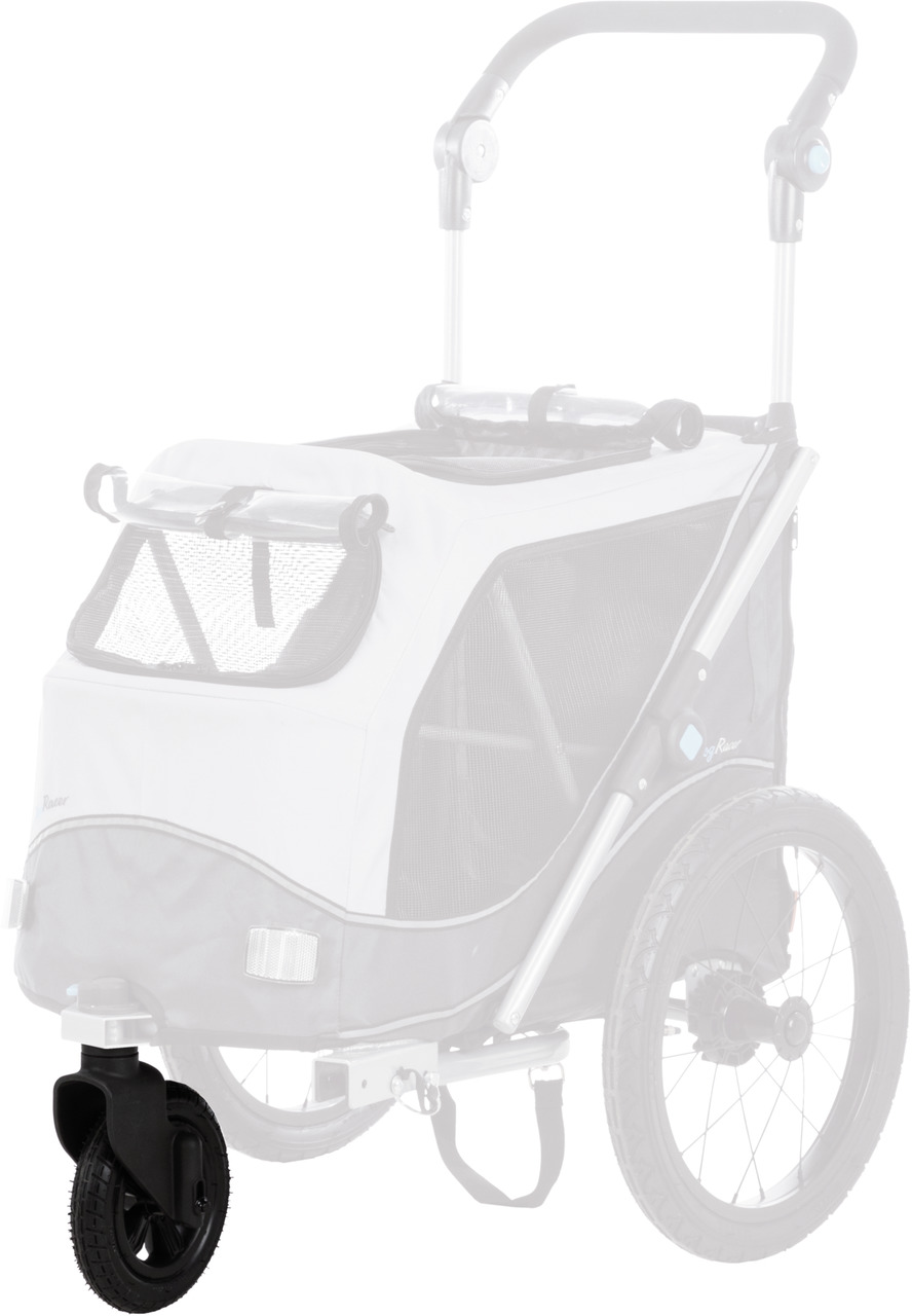 Das Bild zeigt den TRIXIE Hundeanhänger "Buggy" in Schwarz-Weiß. Der Anhänger ist speziell für Hunde konzipiert und eignet sich ideal für Spaziergänge oder längere Ausflüge. Er verfügt über ein stabiles Gestell, große Räder für eine komfortable Fahrt und 