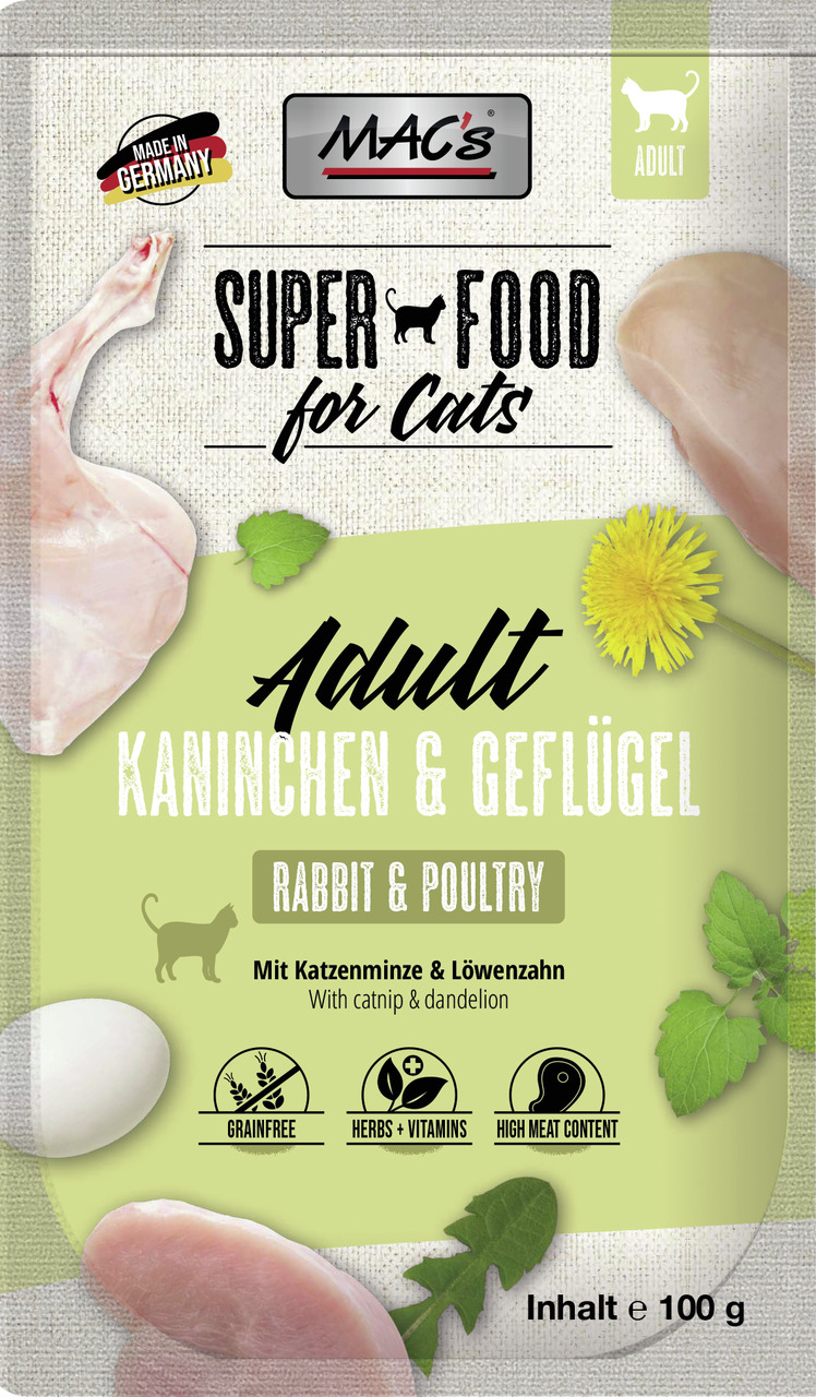 MAC's Superfood f. Cats Adult, Kaninchen & Geflügel, 100 g, getreidefrei, m. Katzenminze & Löwenzahn, hoher Fleischanteil, aus Deutschland.