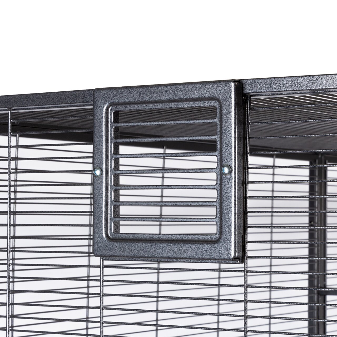 Vogelkäfig von Montana, schwarze Gitterstruktur, robuste Bauweise, ideal für Vögel, Detailansicht der Gittertür.