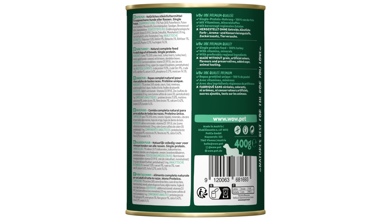 Das Bild zeigt eine grüne Dose des Hundefutters „WOW DOG – Pute PUR“ mit einem Gewicht von 400 g. Es handelt sich um ein Alleinfuttermittel für Hunde aller Rassen, basierend auf Single-Protein (100 % Pute). Die Rezeptur ist getreidefrei und enthält keine 
