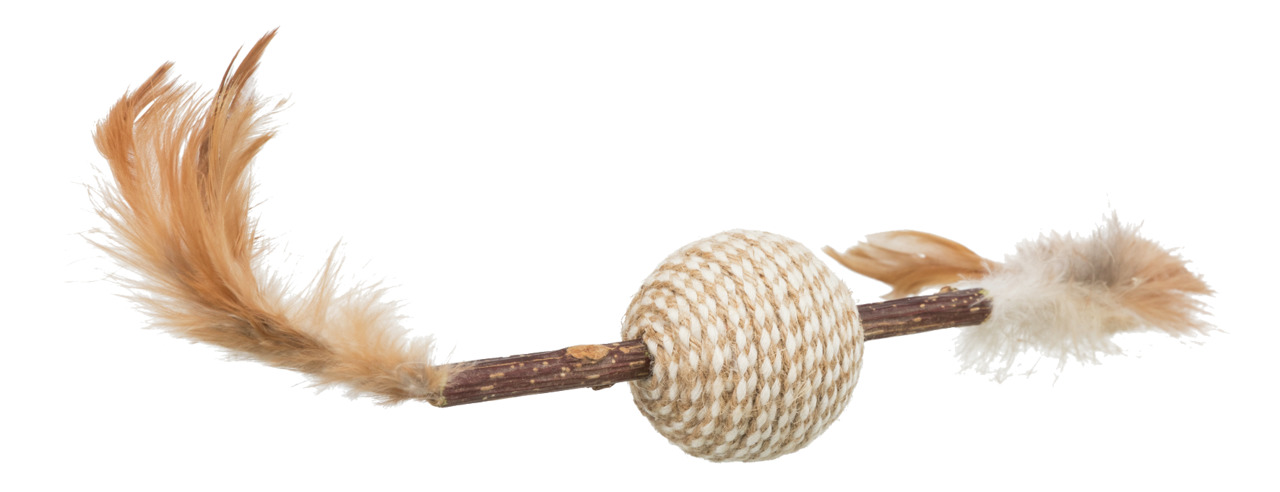 Das Bild zeigt das Katzenspielzeug „TRIXIE Spielrolle mit Federn“, geeignet für Katzen aller Altersgruppen. Es besteht aus einer mit Sisal umwickelten Rolle, die an beiden Enden mit natürlichen Federn verziert ist. Dieses Spielzeug fördert den Spieltrieb 