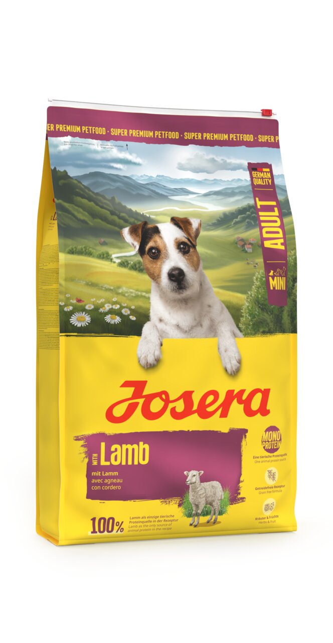 Josera Mini Adult mit Lamm, Hundefutter für ausgewachsene Hunde, Geschmacksrichtung Lamm, getreidefrei, 100% Monoprotein, 4,5 kg.