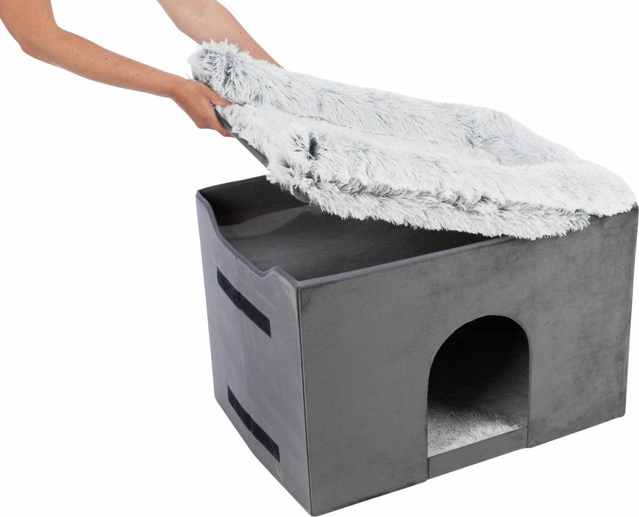 TRIXIE Kuschelhöhle für Katzen & kl. Hunde, grau, mit weicher, abnehmbarer weißer Plüschdecke, gemütl. Rückzugsort, Komfort & Wärme.