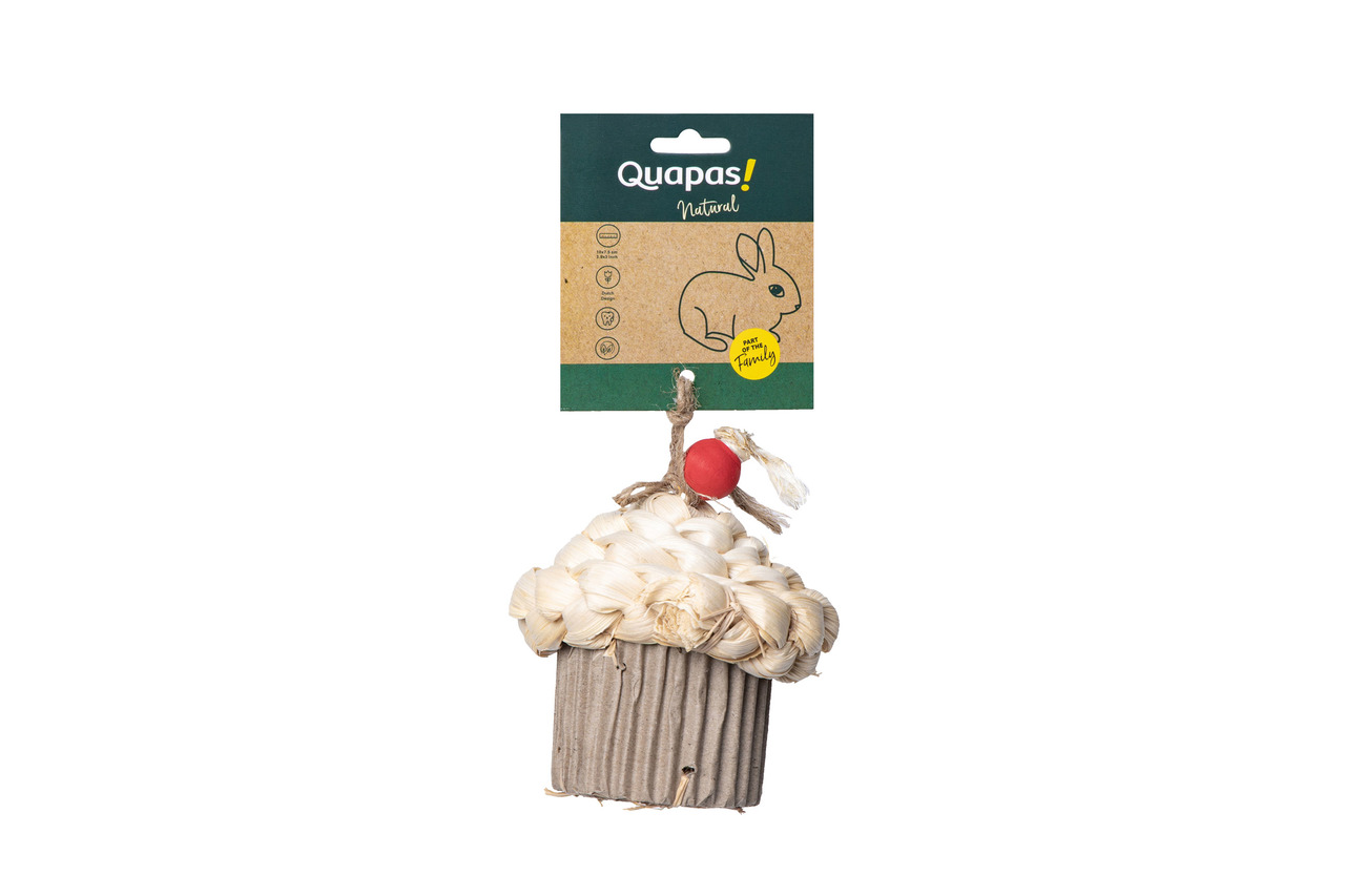 Quapas! Natural, Spielzeug für Kleintiere (z. B. Kaninchen), aus Pappe & Naturseil, Cupcake-Design, rote Kugel, Beschäftigung & Zahnpflege.