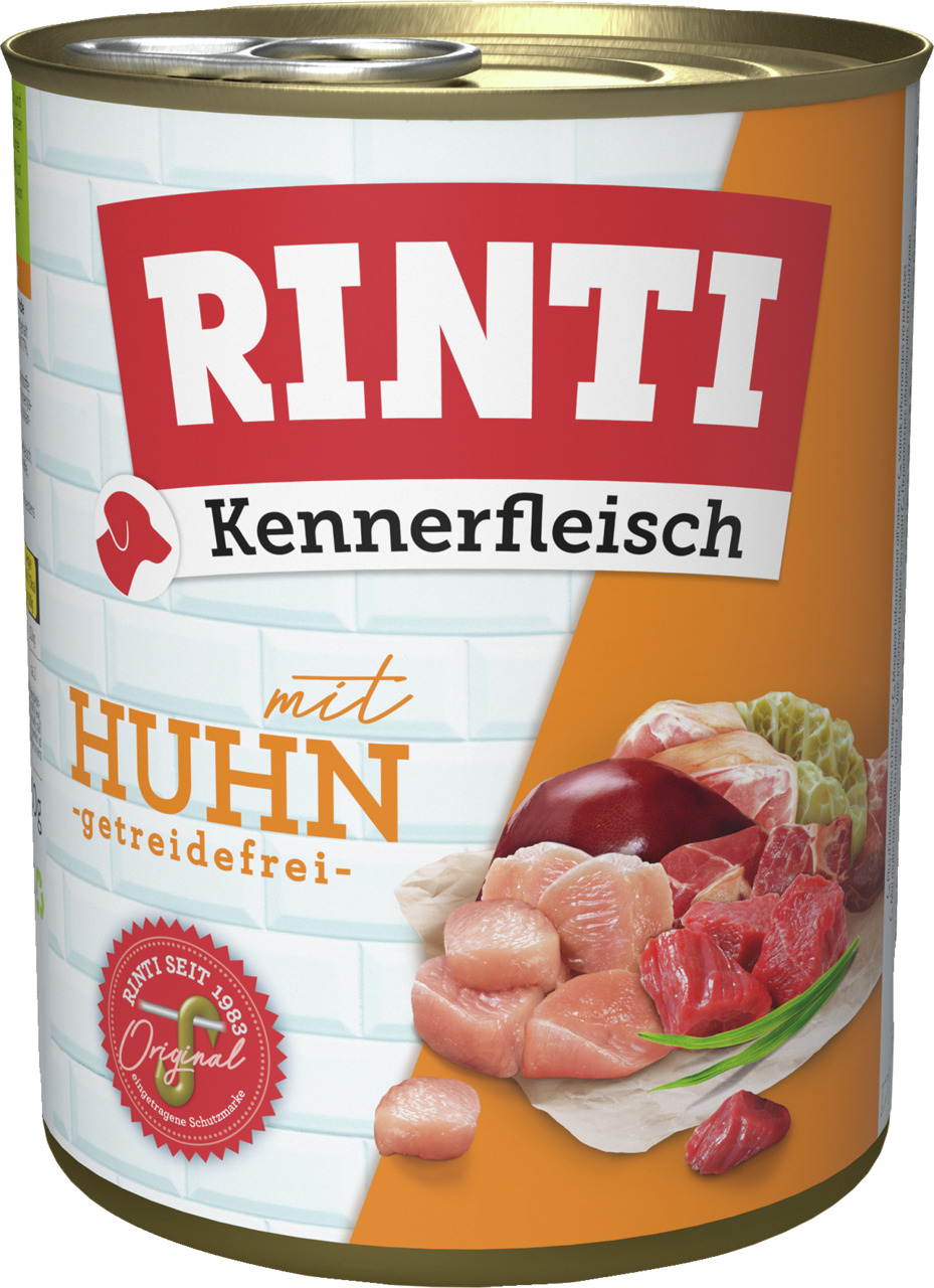 RINTI Kennerfleisch Hundefutter, mit Huhn, getreidefrei, frisches Fleisch (Hühnerfleisch, Leber, rotes Fleisch), 800 g.