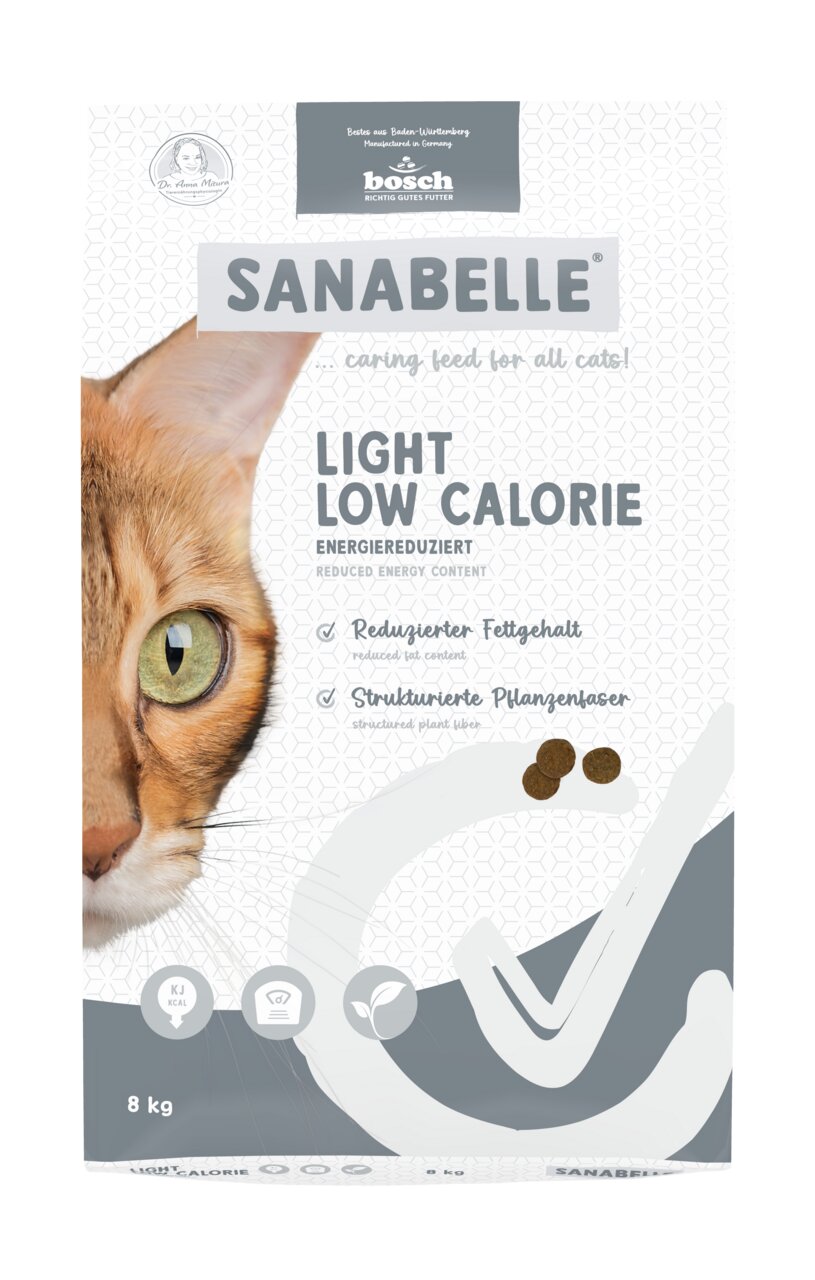 Sanabelle Light Low Calorie Katzenfutter, für ausgewachsene Katzen mit Übergewicht, energiereduziert, 8 kg, von Bosch Tiernahrung.