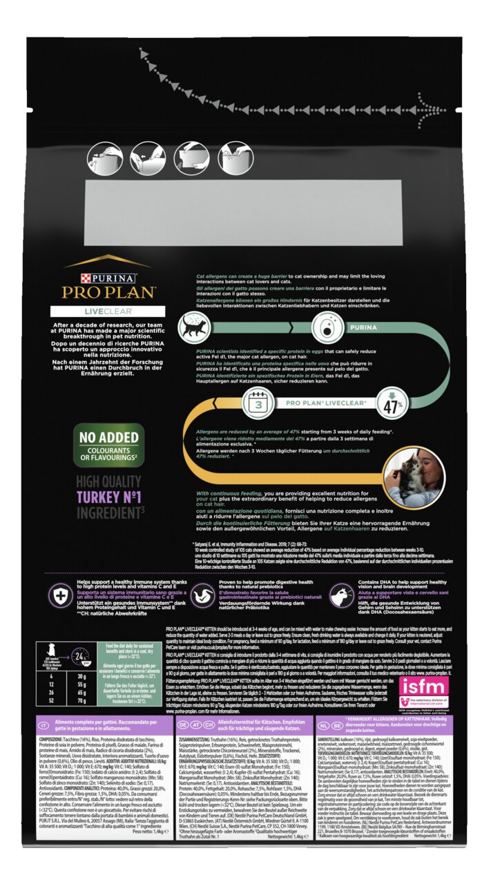 Purina PRO PLAN LiveClear Katzenfutter, Truthahn, reduziert Allergene im Katzenhaar um 47 % in 3 Wochen, Menge nicht erkennbar.