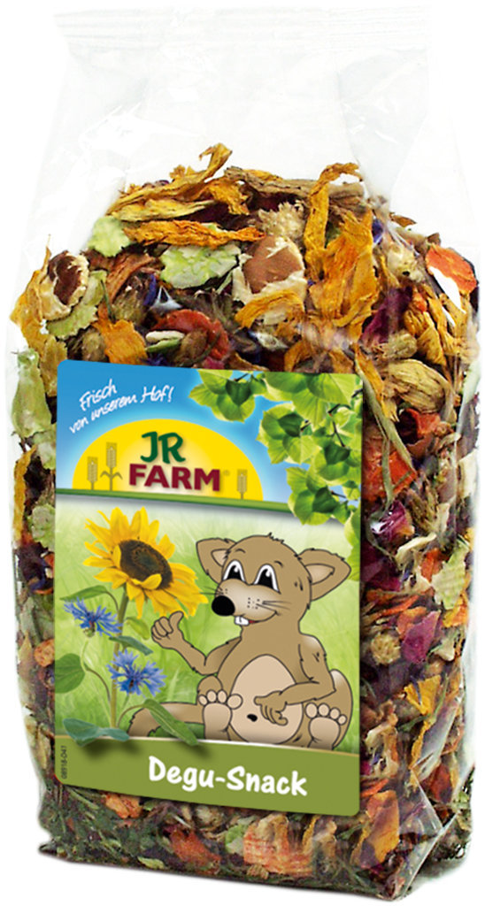 JR FARM Degu-Snack, für Degus, bunte Mischung aus Pflanzen, Blüten & Gemüse, 200 g, mit fröhlichem Degu vor Sonnenblume.