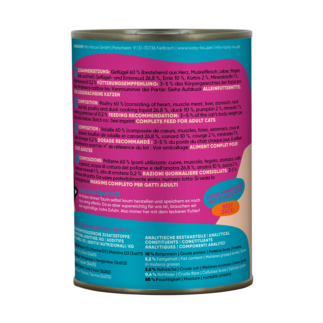 Lucky Lou Katzenfutter "Holy Duck", Alleinfutter f. erw. Katzen, 200 g, 60 % Geflügel, 26,8 % Entensaft, Kürbis, Mineralstoffe.