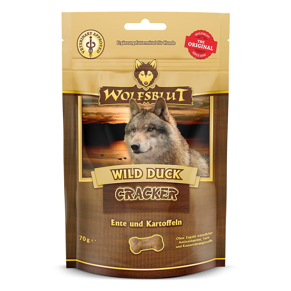 WOLFSBLUT Wild Duck Cracker, Hunde, Ente & Kartoffeln, Ergänzungsfutter, 70 g, ohne künstl. Zusatz-, Farb- & Konservierungsstoffe.