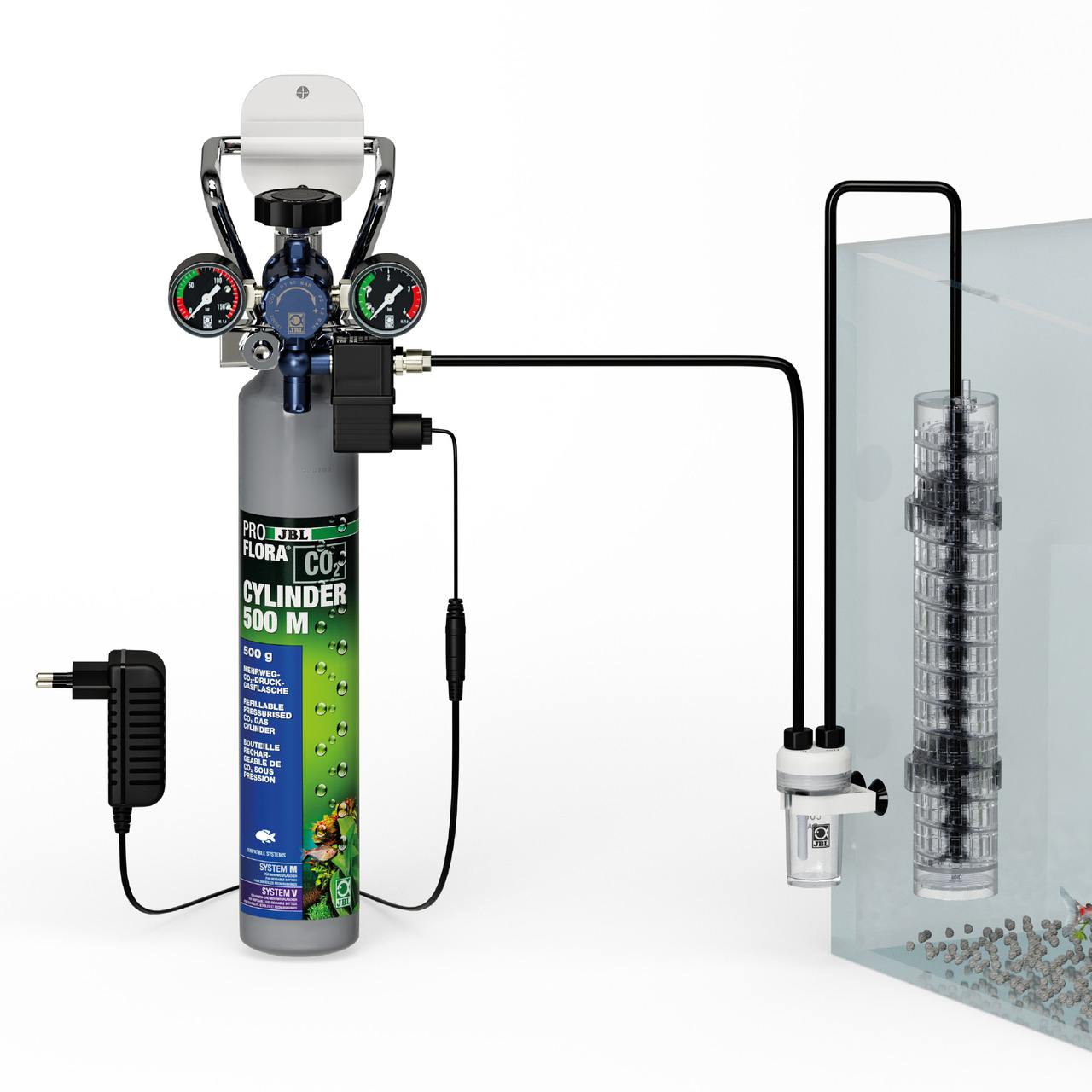 JBL ProFlora CO2-System 500 M, CO2-Düngesystem für Aquarienpflanzen, 500 g Flasche, inkl. Druckminderer, Schläuche, Reaktor, Süßwasser.