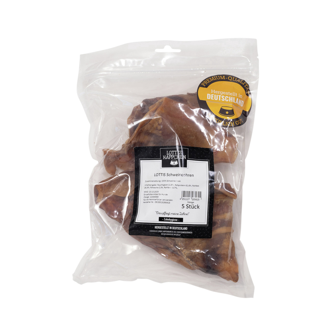 LOTTIS HÄPPCHEN Schweineohren, natürl. Kausnack f. Hunde, 5 Stk., Premium-Qualität, Zahnpflege, 100 % Schweineohren, Made in Germany.