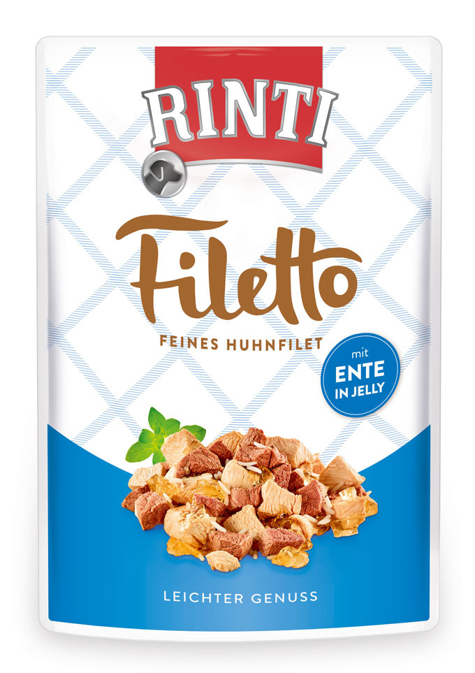 RINTI Filetto Feines Huhnfilet+Ente in Jelly, für Hunde, Geschmacksr. Huhn+Ente, „Leichter Genuss“, Menge nicht erkennbar.