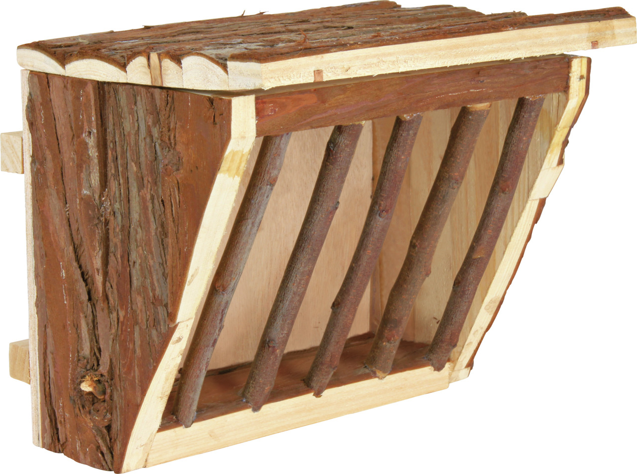 Das Bild zeigt das TRIXIE Heuraufe aus Naturholz, ein Produkt für Kleintiere wie Kaninchen oder Meerschweinchen. Die Raufe besteht aus unbehandeltem Holz mit einer natürlichen Optik und bietet eine sichere Möglichkeit, Heu oder andere Futtermittel sauber 