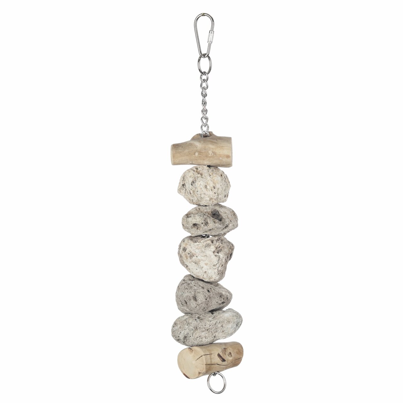 Trixie Quapas Mineralstein-Spielzeug für Vögel, graue Mineralsteine auf Metallkette, Holzenden, Karabiner, Schnabelpflege, Beschäftigung.