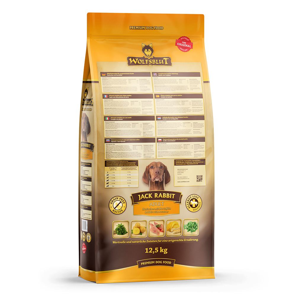 Wolfsblut Jack Rabbit Adult, 12,5 kg, getreidefreies Premium-Trockenfutter für Hunde, Kaninchen, mit Kartoffeln, Kräutern & Gemüse.