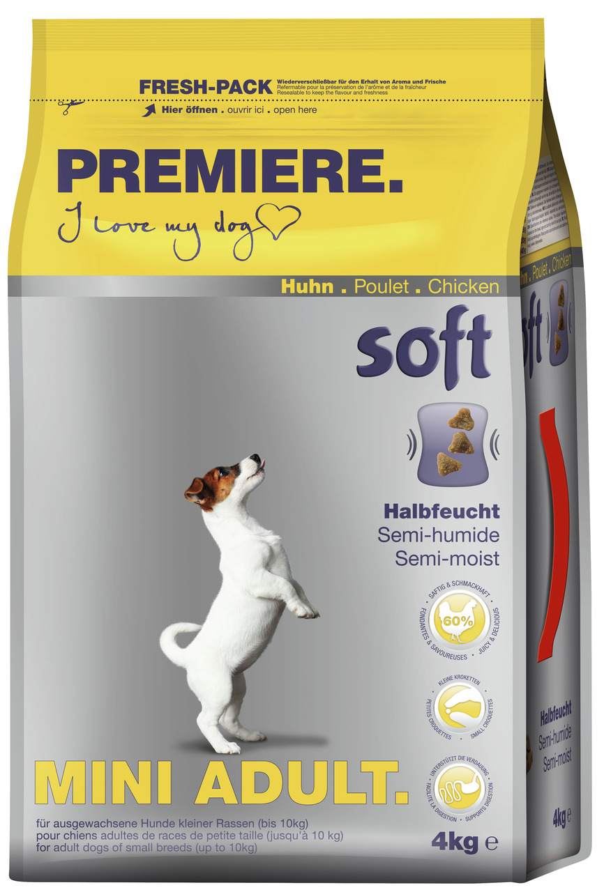PREMIERE Mini Adult Soft, Huhn, für kl. Hunde bis 10 kg, 4 kg, halbfeucht (60 %), verdauungsfördernd, wiederverschließbar.