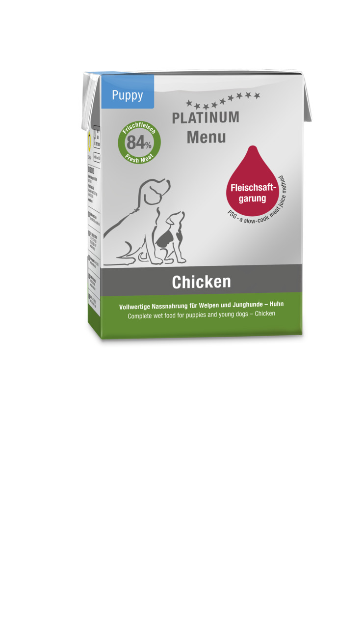 PLATINUM Menu Puppy Chicken Nassfutter für Welpen-Junghunde, Huhn, 84 % Frischfleisch, schonend gegart, 375 g.