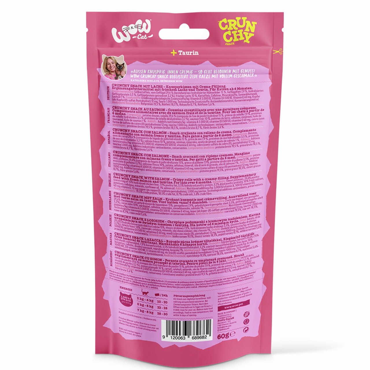 WOW CAT Crunchy Snack mit Lachs für Katzen, außen knusprig, innen cremig, mit Taurin, Inhalt: 60 g, für ausgewachsene Katzen.