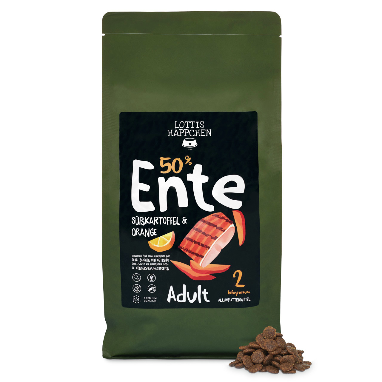 Lottis Häppchen 50 % Ente, Adult, Ente mit Süßkartoffel & Orange, 2 kg, getreidefrei, Premium-Qualität, ohne künstl. Zusatzstoffe.