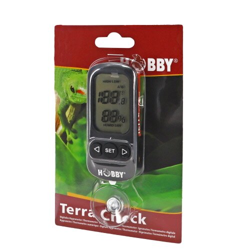 HOBBY Terra Check digitales Terrarien-Thermometer-Hygrometer für Reptilien, Anzeige von Temperatur und Luftfeuchte.