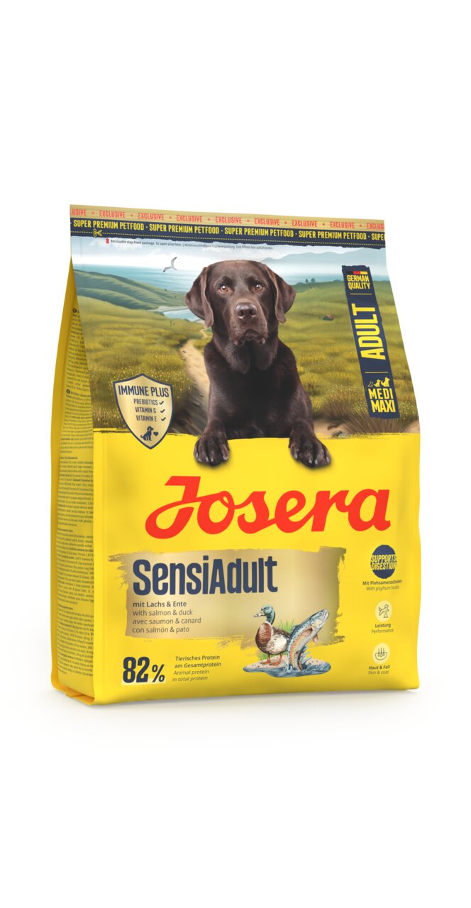 Josera SensiAdult Hundefutter, für ausgewachsene Hunde, mit Lachs & Ente, 82 % tierisches Protein, 15 kg, unterstützt Verdauung.