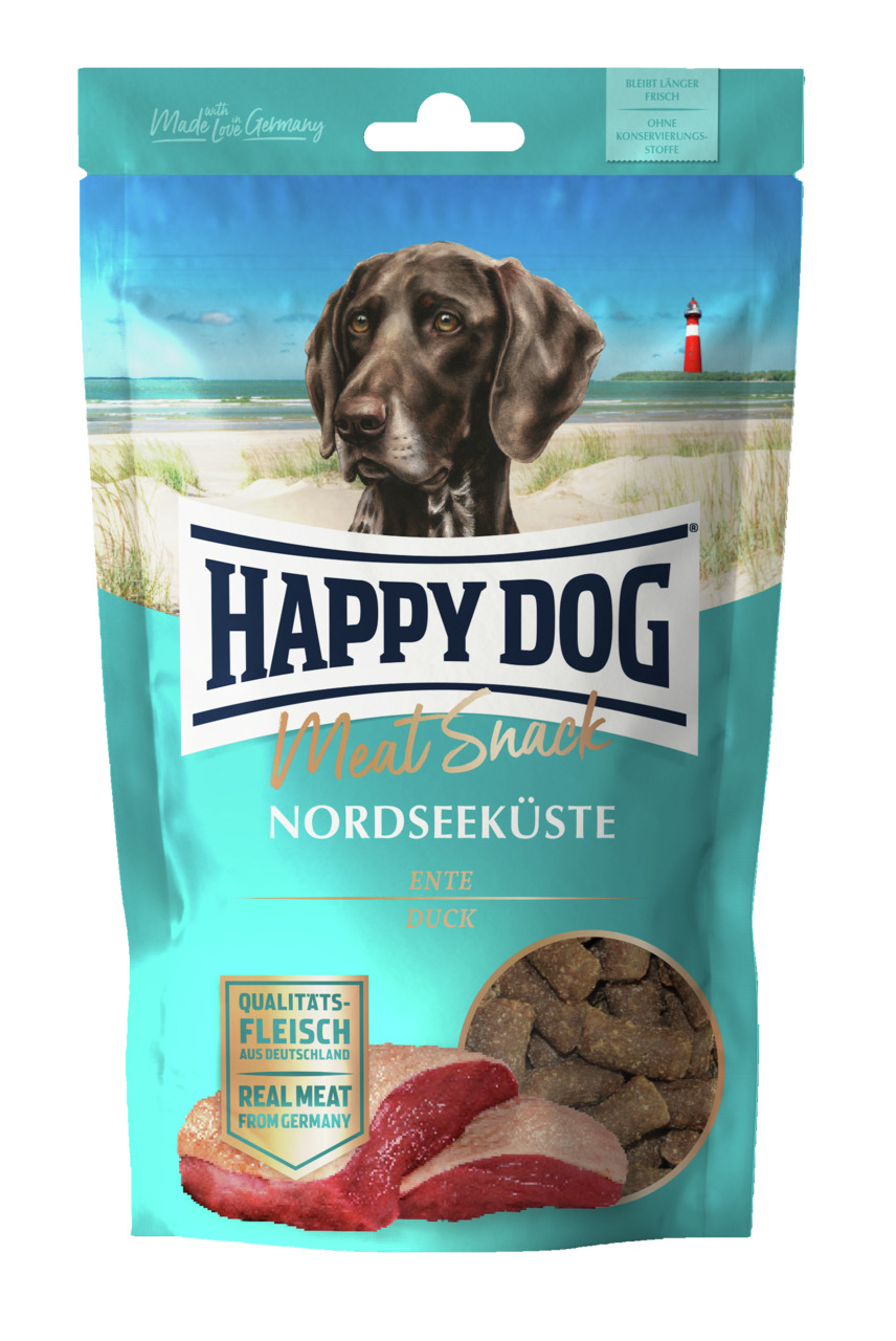 HAPPY DOG Meat Snack Nordseeküste für Hunde, Geschmacksr. Ente, Qualitätsfleisch aus DE, wiederverschließbar, Sichtfenster.