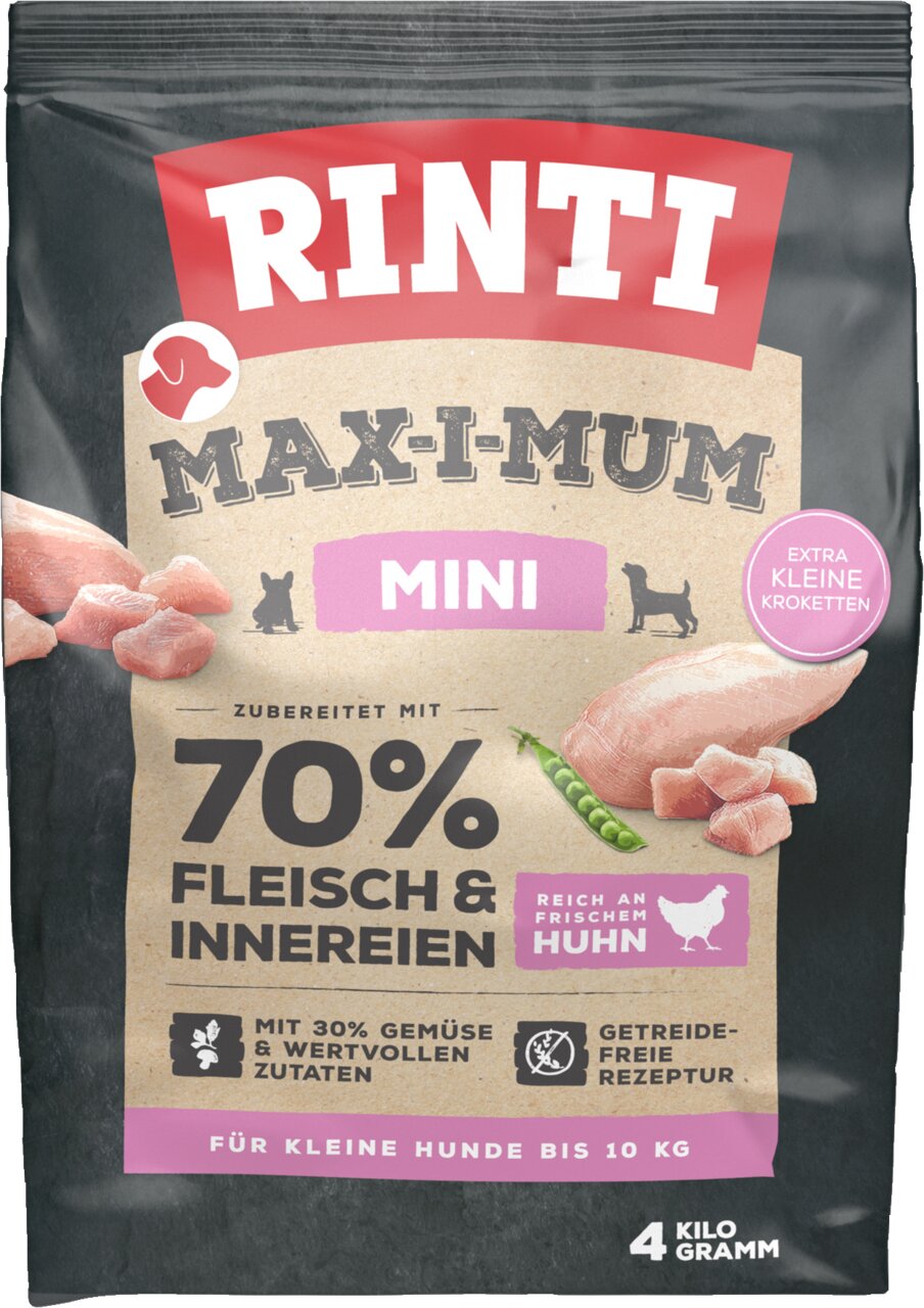 RINTI Max-I-Mum Mini Huhn, Hundefutter für kleine Hunde bis 10 kg, 4 kg, 70 % Fleisch, getreidefrei, mit Gemüse und frischem Huhn.