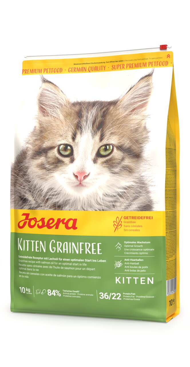 Josera Kitten Grainfree Katzenfutter für Kitten, Geflügel mit Lachsöl, getreidefrei, Anti-Hairball, 10 kg Beutel.