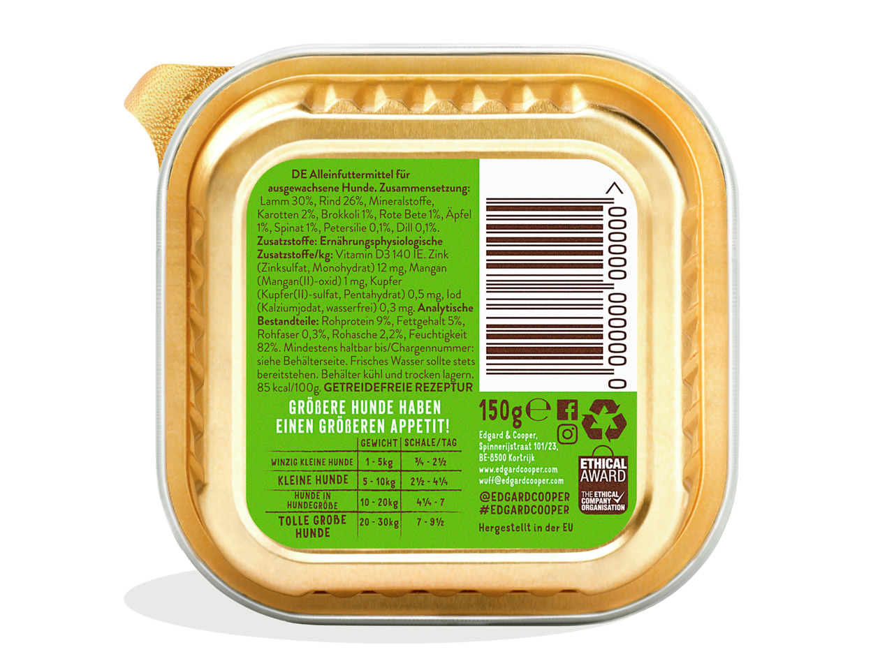 Edgard & Cooper Hundefutter, 150g, für ausgewachsene Hunde, Lamm (30%), Rind (26%), Gemüse, getreidefrei, nachhaltig, Ethical Award.