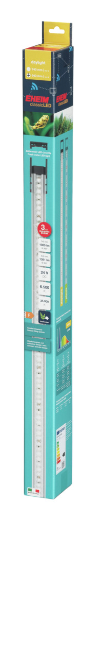 Das Bild zeigt die Verpackung der EHEIM classicLED Tageslicht-Aquarienbeleuchtung. Die Zielgruppe sind Aquarienbesitzer. Die LED-Lampe bietet eine natürliche Tageslichtfarbe mit 6500 Kelvin, ist energieeffizient und langlebig. Die Verpackung hebt die 3-jä