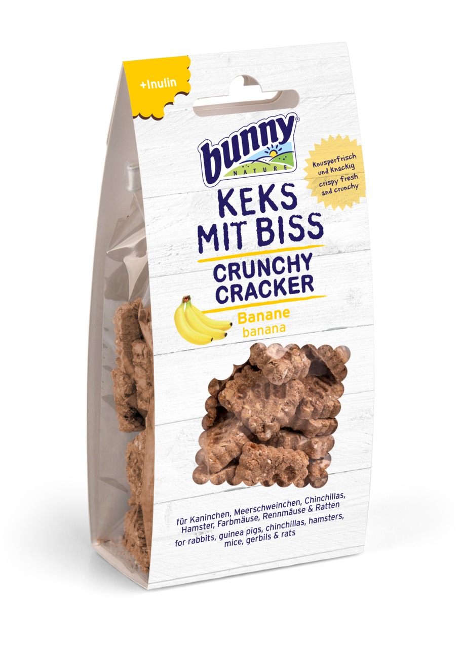 Bunny Nature Crunchy Cracker Banane: Leckerli f. Kaninchen, Meerschw., Chinchillas, Hamster, Mäuse, Ratten, +Inulin, knusprig, durchsichtig.